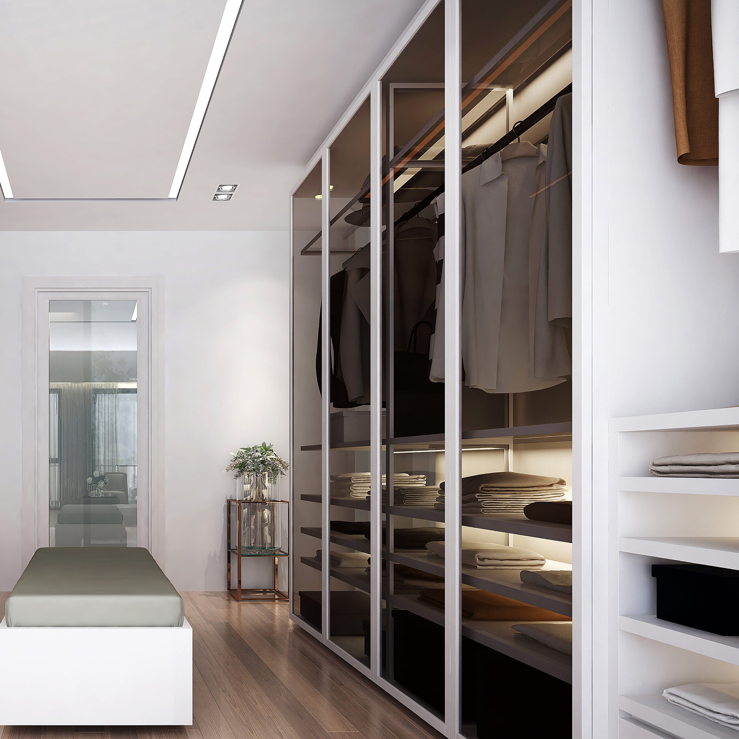 Modern style walk in closet room with white island. Minimalist c