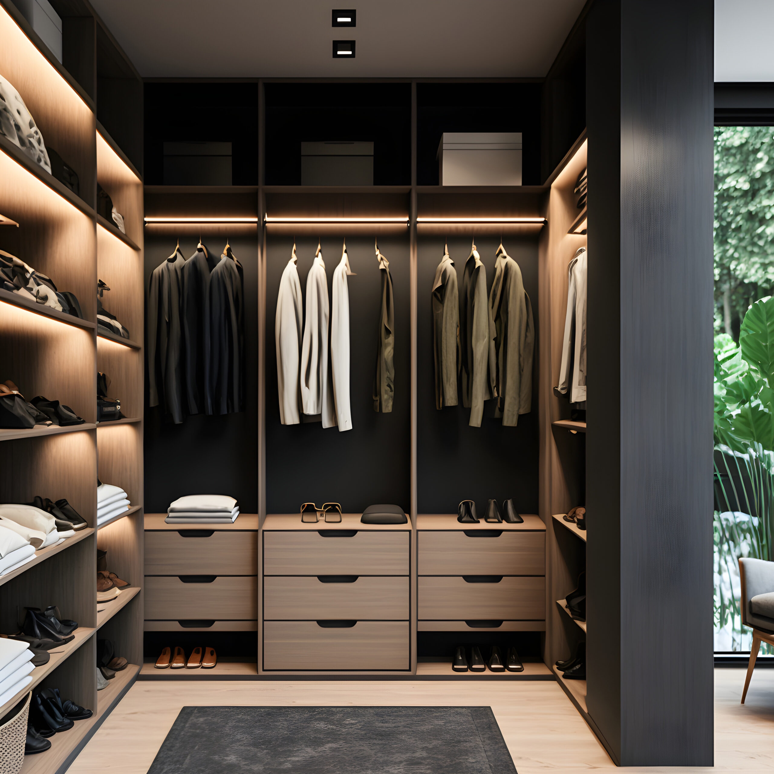 realistic front view of a modern walk-in closet  cabinet in warm