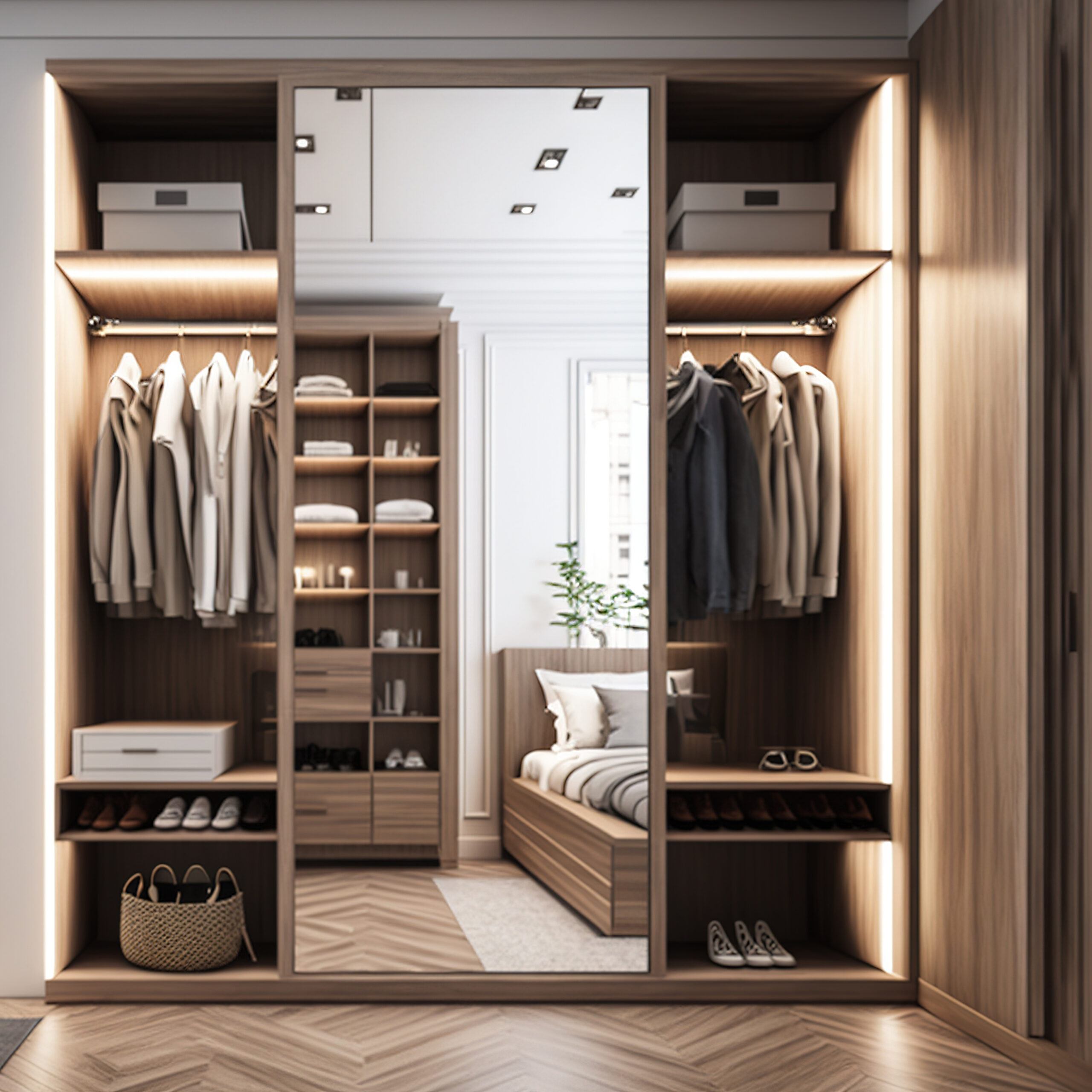 a walk in closet with a bed and a closet with a mirror and a shelf with clothes on it and a lamp on the side. . generative ai