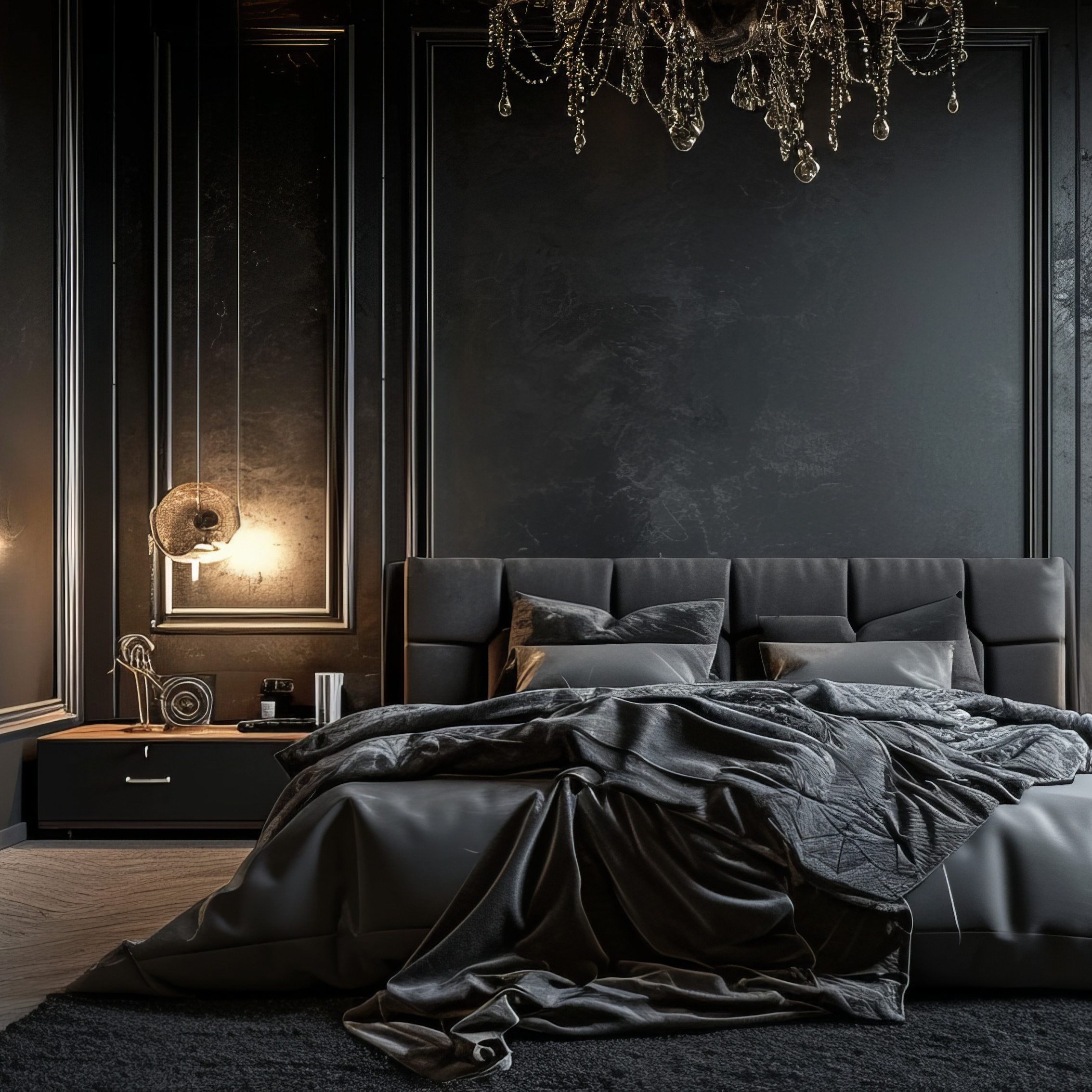 A spacious and luxurious bedroom in dark black tones