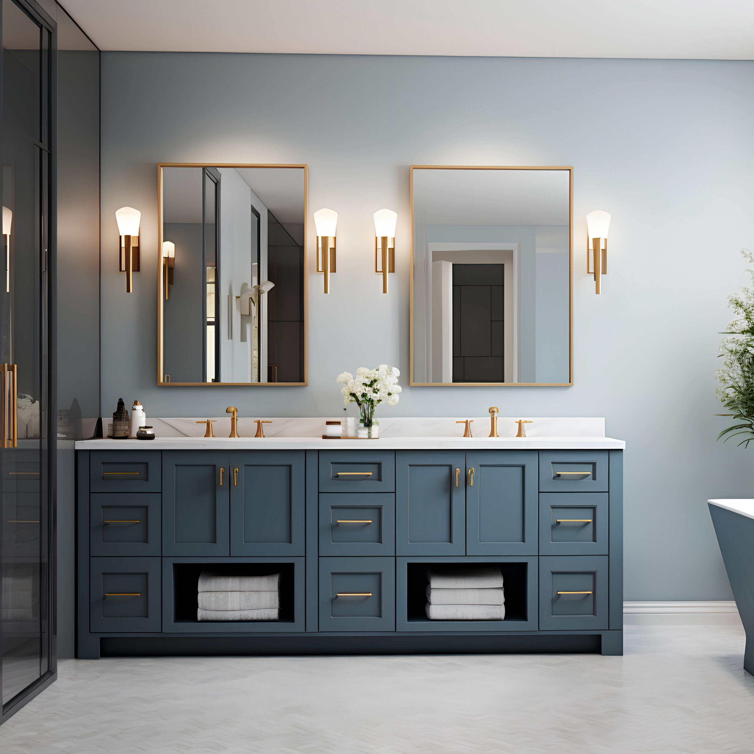 Brand new luxury home showcases a beautiful bathroom flooded wit