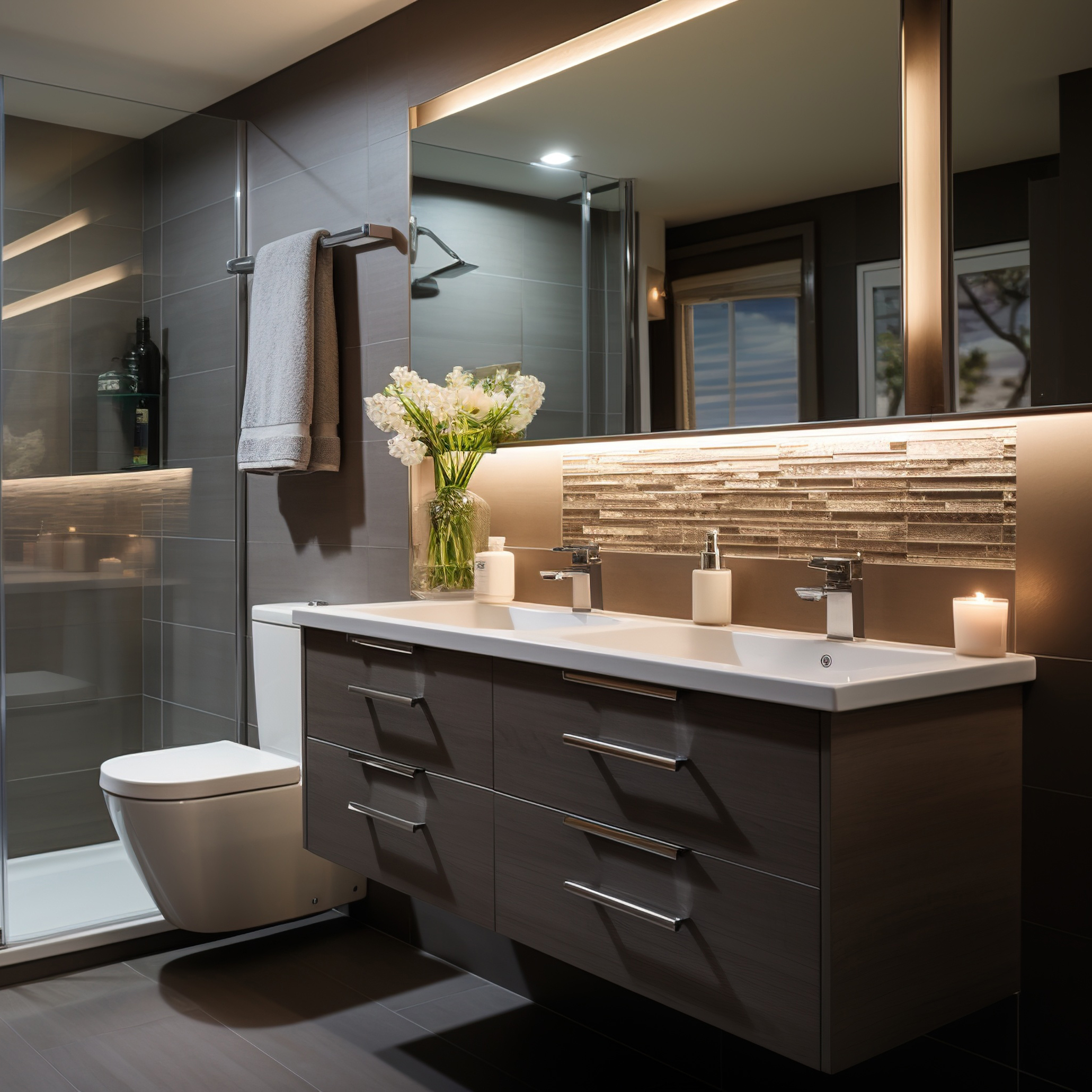 Ensuite bathroom with dark tiles and glass shower