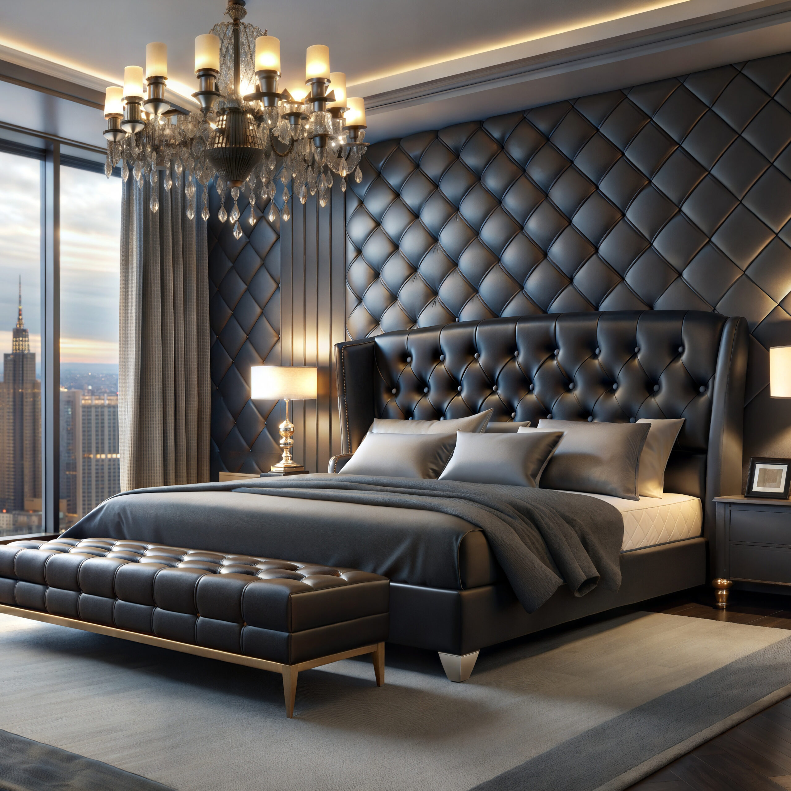 A stunning 3D render of a luxurious bedroom with a captivating N