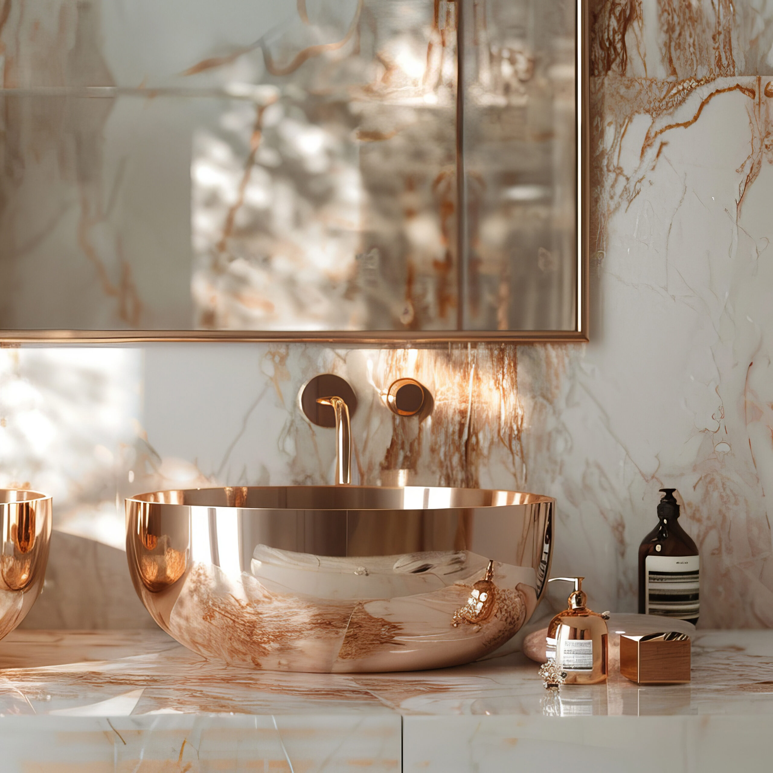 Marble bathroom interior with dual sinks, rose-gold finishes, opulent and stylish, raw texture, high-definition detail